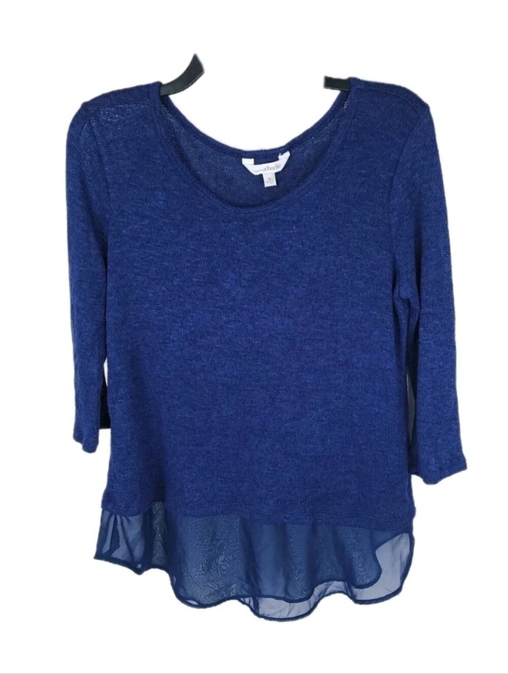 Charming Charlie Top Womens Small Knit Chiffon Sheer Blue Tunic Blouse Sweater